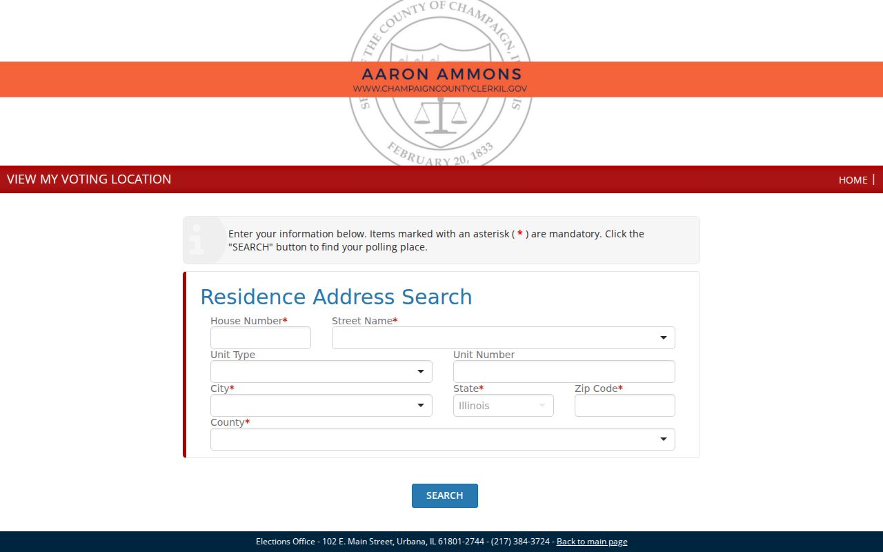Champaign County ElectionLink polling location form for an Urbana block address