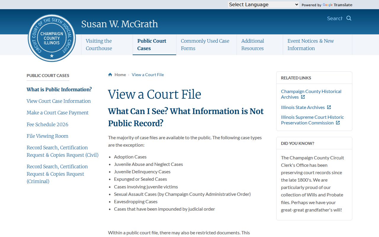 Champaign County Circuit Clerk public court file access page for an Urbana resident lookup